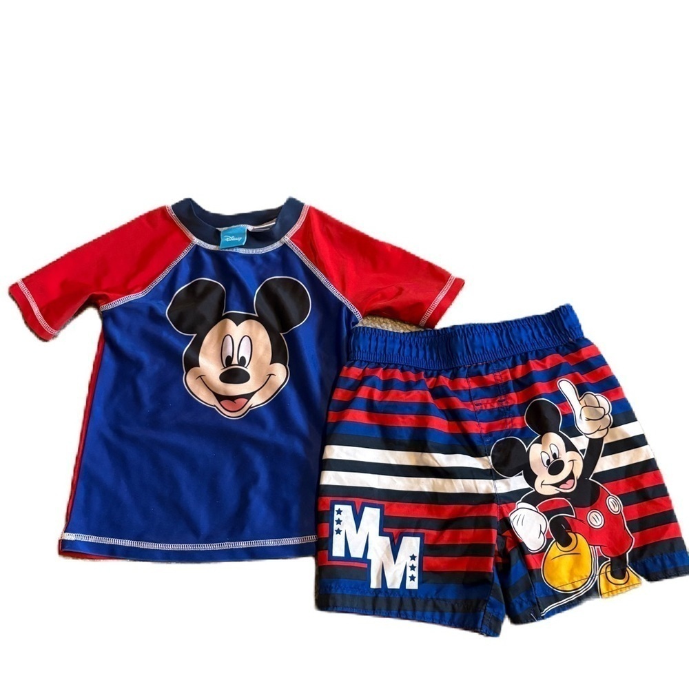 Disney Mickey Mouse Red and Blue Swimwear Set 3T Rash Guard Trunks Shirt